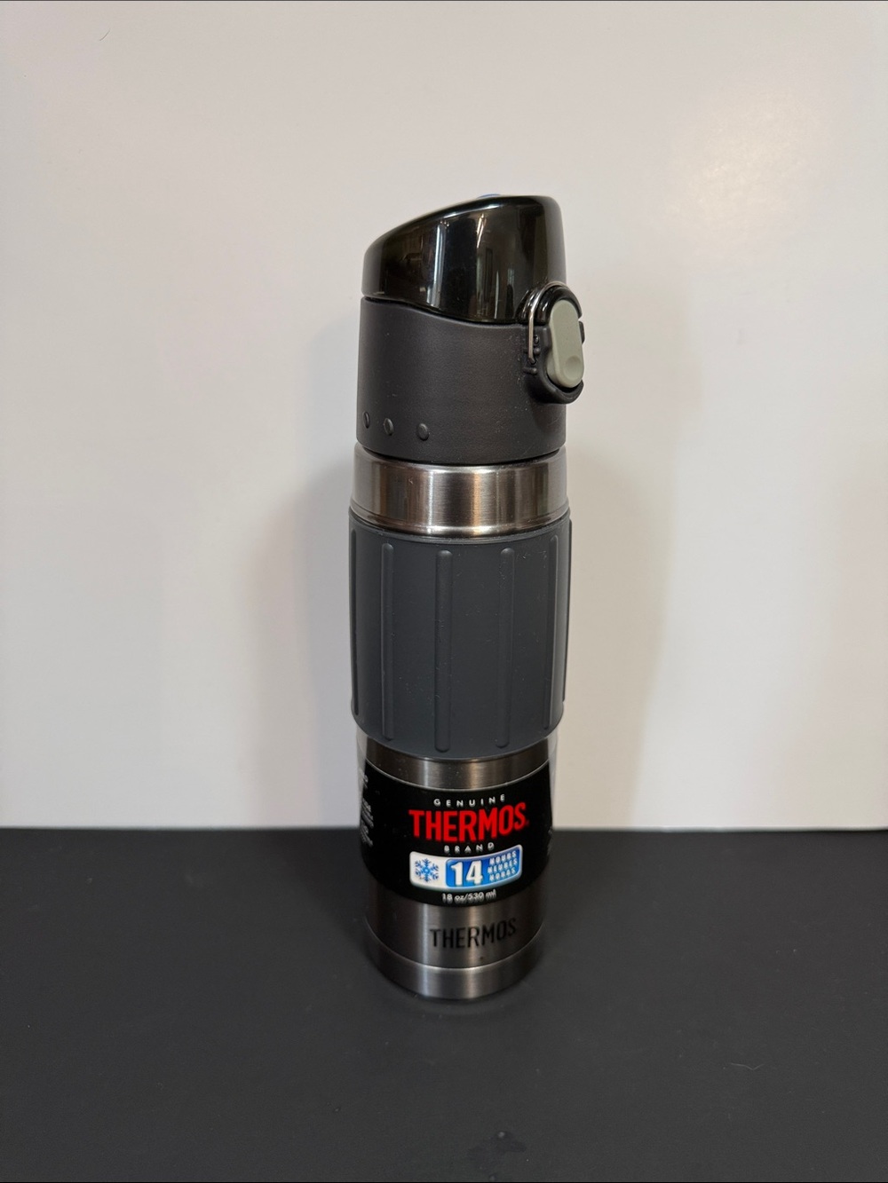 Thermos Travel Bottle in Dark Gray with Black Lid